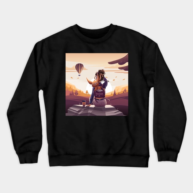 Illustration of a girl with a fox cub looking at the sunset Crewneck Sweatshirt by Ksuview